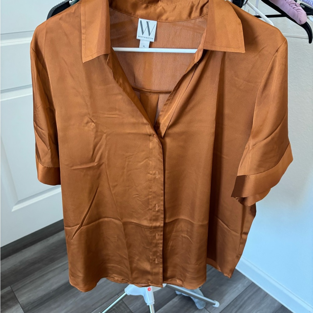 Worthington Women's Satin Button-Down Shirt - Rust